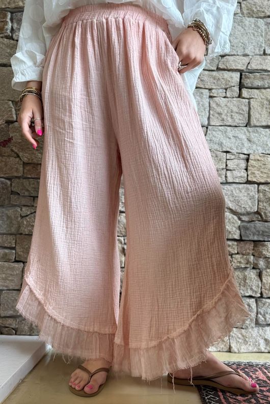 Rustic Nature Bubble Cotton Slant Frill Pant Washed Peachy Nude